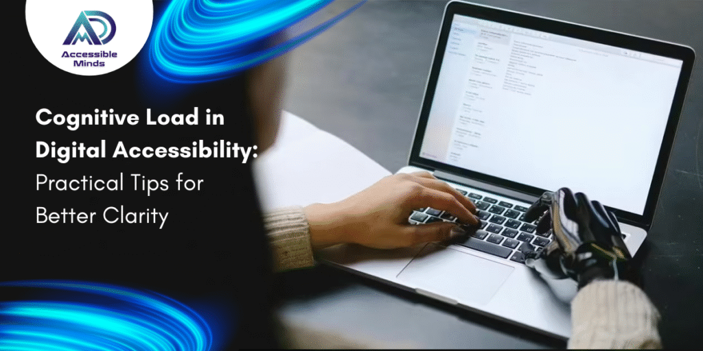 A person using a laptop, typing with one natural hand and one prosthetic hand, representing digital accessibility and inclusive technology.