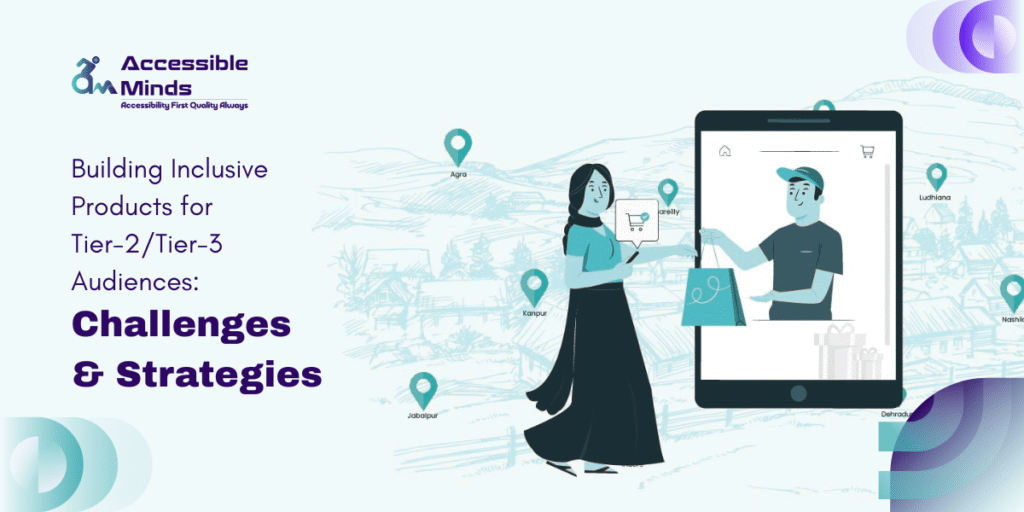 Illustration showing a woman interacting with a large smartphone screen displaying a delivery person, symbolizing digital product use in Tier-2 and Tier-3 cities. Map markers label cities like Agra, Bareilly, Kanpur, Jabalpur, and Ludhiana. Text reads: “Building Inclusive Products for Tier-2/Tier-3 Audiences: Challenges & Strategies.