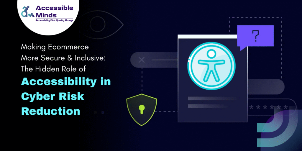 Illustration showing an accessibility icon, security shield, and ecommerce interface elements symbolizing how digital accessibility strengthens cybersecurity and reduces online risks.